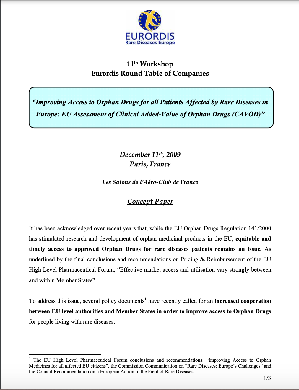 Concept paper: Improving Access to Orphan Drugs (11th ERTC Workshop)