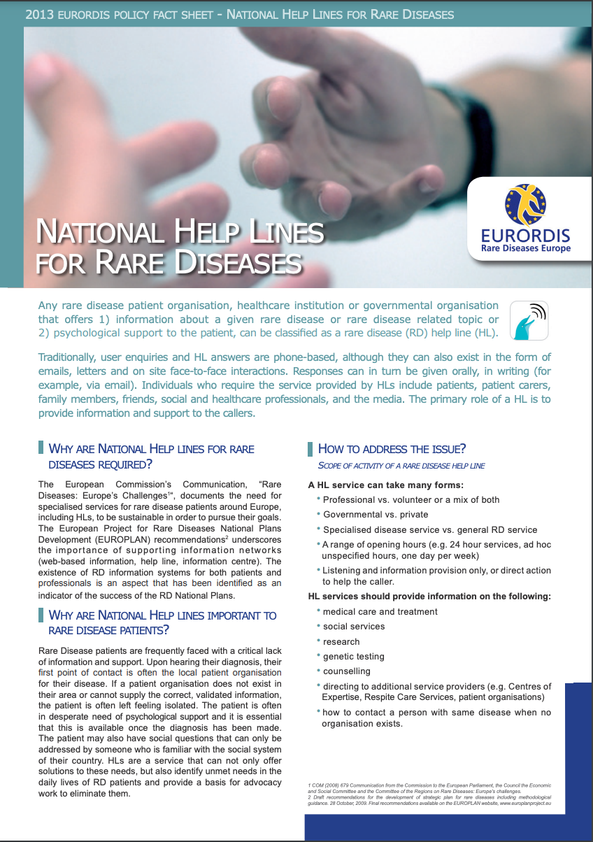 National help lines for rare diseases