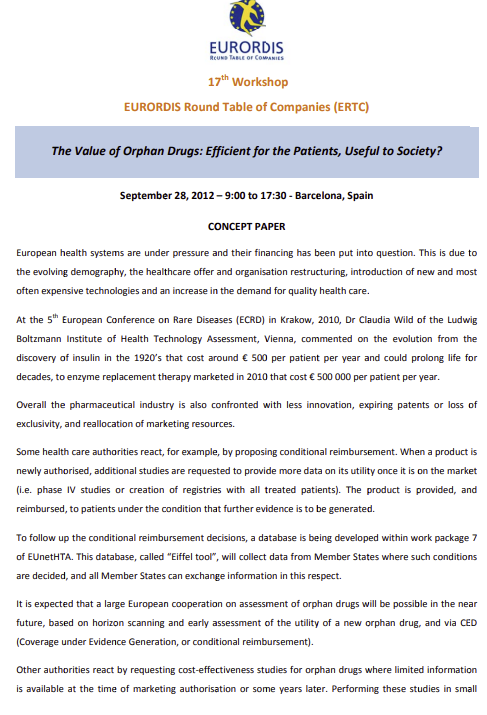 17th Workshop, Barcelona: “The Value of Orphan Drugs: Efficient for the Patients, Useful to Society?”