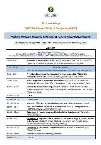 23rd Workshop, Barcelona: “Patient Relevant Outcome Measures & Patient Reported Outcomes”